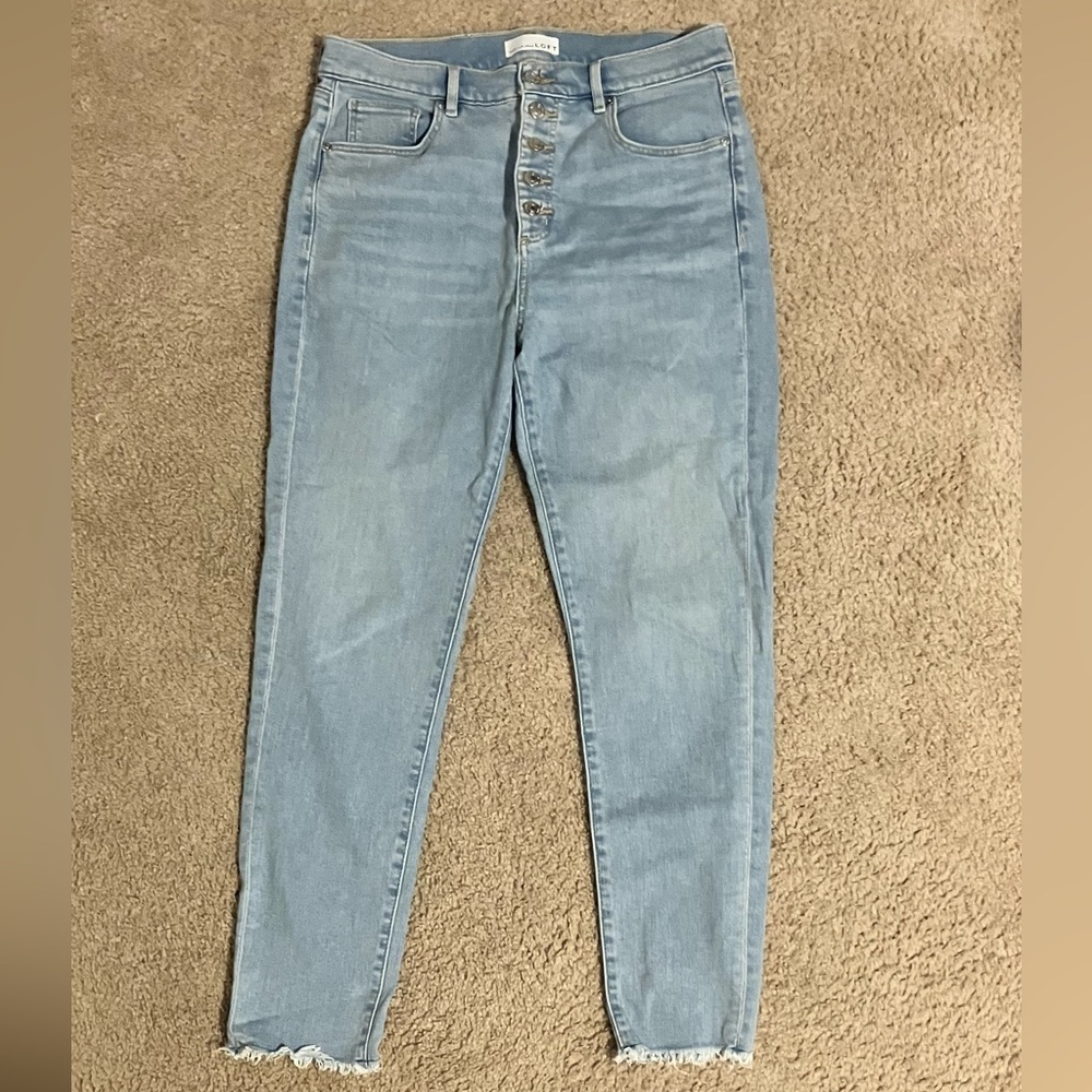 LOFT light wash skinny high rise jeans with button fly and raw hem